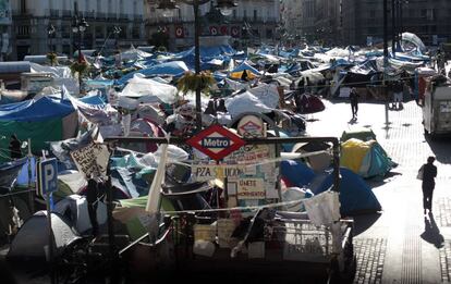 Acampada del 15-M en la Puerta del Sol de Madrid, en 2011.