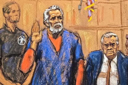 Dibujo de Mayo Zambada en el tribunal federal de Nueva York, el 25 de agosto.