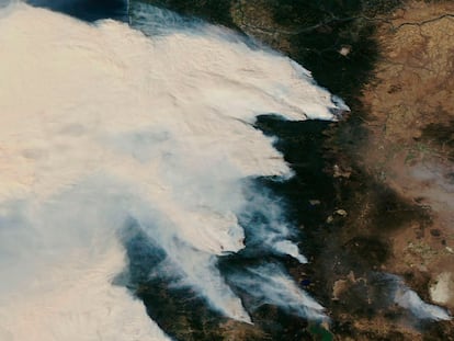 El humo de los incendios de Oregón, en una imagen de NASA distribuida este domingo.