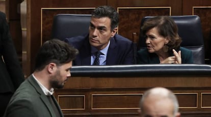 Rufián, Sánchez y Calvo, la semana pasada en el Congreso.