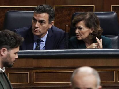 Rufián, Sánchez y Calvo, la semana pasada en el Congreso.