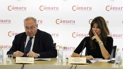 El presidente de la Cámara de Comercio española, José Luis Bonet, y la directora general de Sigmados, Rosa Díaz, durante una rueda de prensa en Madrid este miércoles.