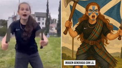 La niña escocesa Mayah Sophie Sommers, en el vídeo difundido en las redes y el meme generado por inteligencia artificial.