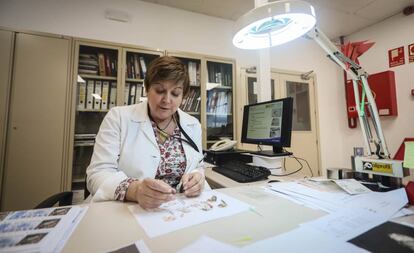 La técnico de laboratorio Pilar Fernández recompone un décimo de la Lotería Nacional salido de la lavadora.