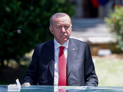 El presidente de Turquía, Recep Tayyip Erdogan, en la rueda de prensa conjunta con el presidente del Gobierno, Pedro Sánchez, este jueves en La Moncloa.