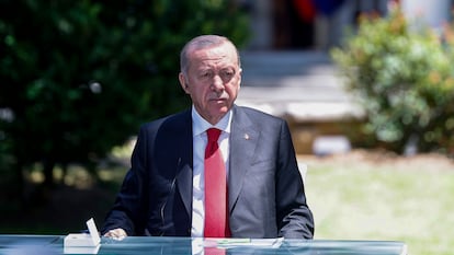 El presidente de Turquía, Recep Tayyip Erdogan, en la rueda de prensa conjunta con el presidente del Gobierno, Pedro Sánchez, este jueves en La Moncloa.