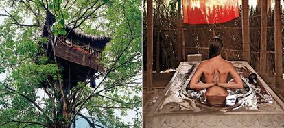 En la selva tropical de Kerala, al sur de India, tres casas del Green Magic Nature Resort parecen flotar de las copas de los árboles. Allí arriba, a 25 metros del suelo, puede volver a jugar a vivir en la casa del árbol, escuchar de cerca el crujido de las hojas y los gritos de los animales o sentir la fuerza torrencial del monzón. ¿Mejor una exótica sesión de yoga? Viajemos a la página siguiente. A orillas de un lago, rodeado de siete colinas en las que todavía hay ascetas que meditan en sus cuevas, se alza el centro de ecoturismo Ulpotha, reconstruido como una aldea tradicional de campesinos. Sumérjase en lirios de agua, reciba tratamientos de ayurveda o clases de yoga con maestro. Al cabo, estamos en las montañas de Galgiriyawa de Sri Lanka.