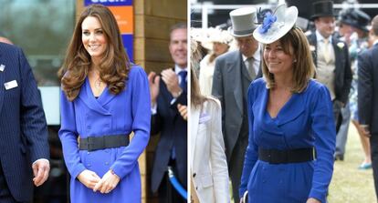 La duquesa de Cambridge comparte a menudo la ropa con su hermana y su madre. Esta última, Carol Middleton, llevó este vestido azul klein en 2010 y Kate, en un acto de 2012.