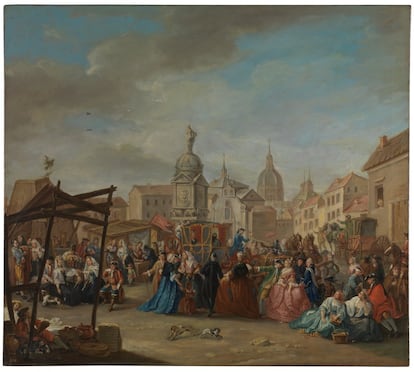 La Feria de Madrid en la plaza de la Cebada, 1770-1780, de Manuel de la Cruz Vázquez (1750-1792). Óleo sobre lienzo, 84x94 cm. Inspirándose en los sainetes de su tío, el escritor don Ramón de la Cruz, Manuel de la Cruz pintó una serie de escenas callejeras, entre ellas el Mercado en la plaza de la Cebada, de 1790. Representa la plaza con su fuente en el centro. Al fondo, la iglesia de Santa María de Gracia y mas allá, la Colegiata de San Isidro. La plaza está concurrida por una variopinta multitud de personajes entre damas, caballeros y lujosos carruajes, hasta monjes, petimetres y rufianes, que pasean o descansan entre los puestos que ofrecen variada mercancía, como las escofietas, cofias femeninas que siguen la moda de París.