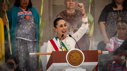 Claudia Sheinbaum gives a speech after taking over the presidential baton on October 1 in Mexico City.