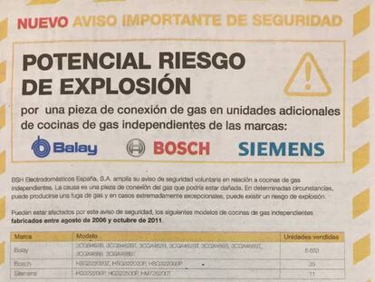 Balay, Bosch y Siemens alertan de riesgo de explosión en cocinas de gas