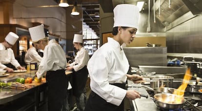 Un equipo de chefs trabajando en una cocina profesional.