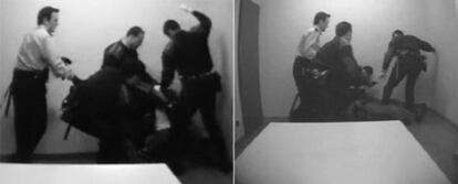 Dos instantes de la agresión de cuatro agentes de los Mossos d'Esquadra a un detenido, en la sala de cacheos de la comisaría de Les Corts.