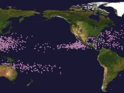 Distribuci&oacute;n global de los ciclones tropicales en su fase de mayor intensidad entre 1982 y 2012.