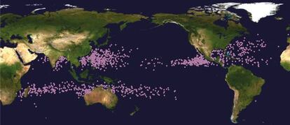 Distribuci&oacute;n global de los ciclones tropicales en su fase de mayor intensidad entre 1982 y 2012.
