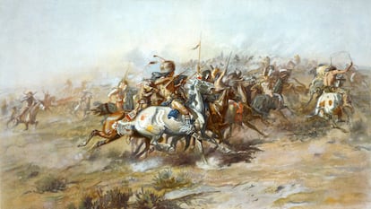 Recreación de la batalla de Little Bighorn desde el lado sioux, por Charles Marion Russell.