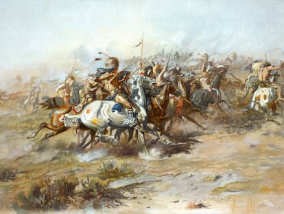 An artistic depiction of the Battle of Little Bighorn (1876), from the perspective of the Sioux, by Charles Marion Russell.