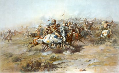 Recreación de la batalla de Little Bighorn desde el lado sioux, por Charles Marion Russell.