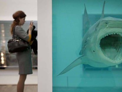 Una mujer observa la obra del artista brit&aacute;nico titulada &#039;La imposibilidad f&iacute;sica de la muerte en la mente de un ser vivo&#039; (1991), durante la inauguraci&oacute;n de la exposici&oacute;n en la Tate Modern (Londres).