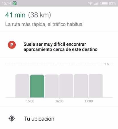 Google Maps nos muestra así la previsión de tiempo en que tardaremos en encontrar aparcamiento