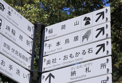 Carteles en japonés e inglés en elt emplo de Fushimi Inari-Taisha.