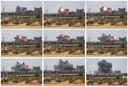 Combo de imágenes de los bombardeos sobre la ciudad siria de Manbij.