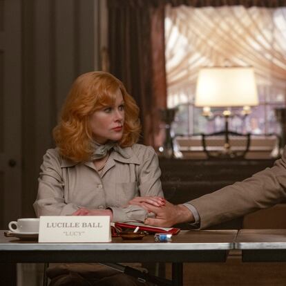 This image released by Amazon shows Nicole Kidman as Lucille Ball, left, and Javier Bardem as Desi Arnaz in a scene from "Being the Ricardos." (Glen Wilson/Amazon via AP)