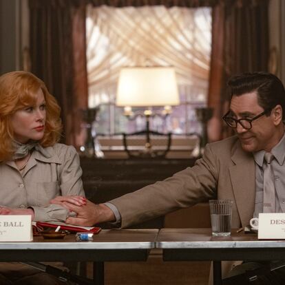 This image released by Amazon shows Nicole Kidman as Lucille Ball, left, and Javier Bardem as Desi Arnaz in a scene from "Being the Ricardos." (Glen Wilson/Amazon via AP)