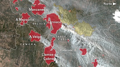 Las zonas quemadas por el fuego en Galicia y el norte de Castilla y León.