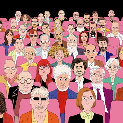 Directores de cine español, votación mejores películas de 1975 a 2025. Ilustración: JAVI AZNÁREZ.
desde la fila de abajo (inferior) a la de arriba (superior), de izqda a dcha:
Iván Zulueta, Carla Simón.
Mario Camus, Pedro Almodóvar, Luis García Berlanga.
Carlos Saura, Isabel Coixet, Víctor Erice, Josefina Molina.
Fernando Trueba, Icíar Bollaín, Luis Buñuel.
José Luis Garci, Jaime Chávarri, José Luis Cuerda, Rodrigo Sorogoyen.
Alauda Ruiz de Azúa, Albert Serra, Fernando León de Aranoa, Pilar Miró.
Guillermo del Toro, Julio Medem, Alejandro Amenábar, Chicho Ibáñez Serrador, Fernando Fernán Gómez.
Juame Balagueró, Paco Plaza, Pilar Palomero, Alex de la Iglesia, Alberto Rodríguez.
Mar Coll, Bigas Luna, Luis López Carrasco.
José Luis Borau, Gonzalo Suárez, Joaquín Jordá, Agustín Villaronga, Jaime Rosales.
