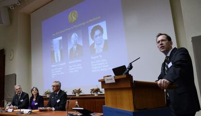 Moment de l'anunci del Nobel de Medicina avui a Estocolm (Suècia).