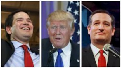 Los candidatos republicanos Marco Rubio, Donald Trump y Ted Cruz