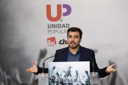 El candidato de IU-Unidad Popular a la presidencia del Gobierno, Alberto Garzón, hoy en Zaragoza.