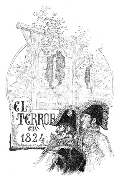 Portada de 'El terror de 1824', de Benito Pérez Galdós, ilustrada por Gómez Soler y Pellicer y publicada en 1877.