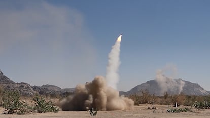 A projectile is launched during a military exercise by the Yemeni Houthi rebel group near the border between Yemen and Saudi Arabia, on Friday.