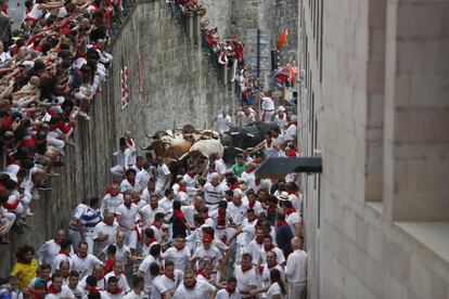 Toros de la ganadería Puerto de San Lorenzo, durante su recorrido por las calles de Pamplona, en los sanfermines de 2019.