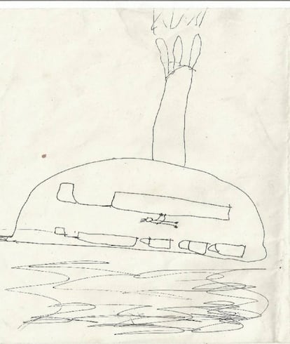 Polizón en el barco Armas que va a la península, oculto entre los botes salvavidas. Dibujo realizado por un menor marroquí no acompañado (mena) de 10 años de edad. Julio 2016.