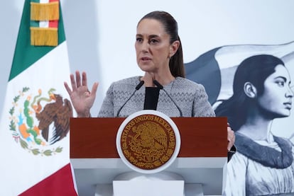 Claudia Sheinbaum durante la Mañanera en Palacio Nacional.