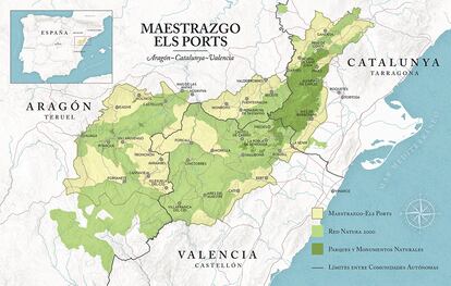 Señalado en el mapa, la zona natural del Maestrazgo-Els Ports que propone la fundación Global Nature.