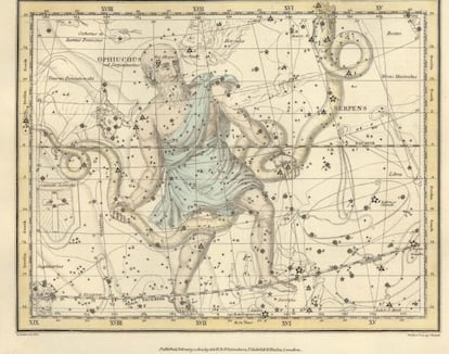 Constellation of 'Ophiuchus', from the 'Celestial Atlas', by Alexander Jamieson (1822).