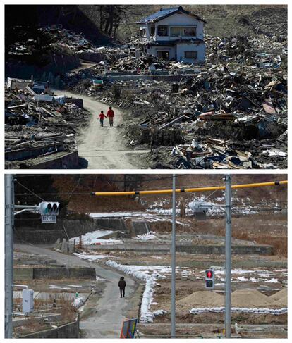 Otra imagen de Miyako, un mes después del terremoto, y el pasado 17 de febrero.