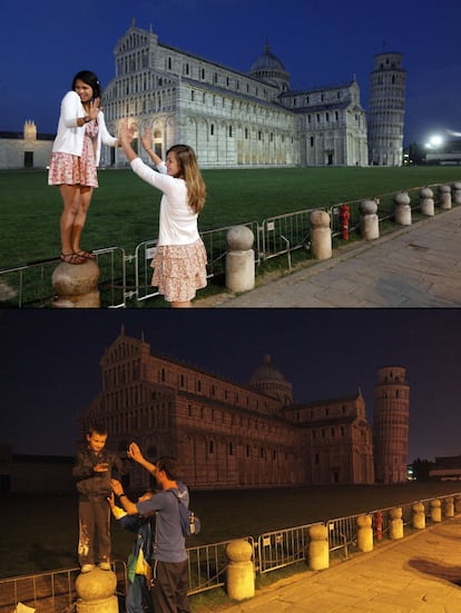 Poses frente a la torre de Pisa y la catedral antes del apagón y durante el mismo.