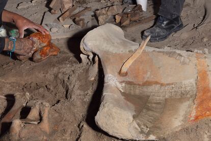 Restos de mamuts en la excavación que supervisa Manzanilla. 