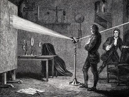 Isaac Newton amb el prisma per descompondre la llum blanca en l'espectre. L'acompanya el seu company d'habitació de Cambridge, John Wickins. Gravat del 1874.