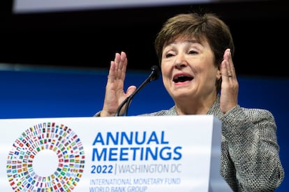 International Monetary Fund Managing Director Kristalina Georgieva speaks during the 2022 annual meeting of the International Monetary Fund and the World Bank Group, in Washington.