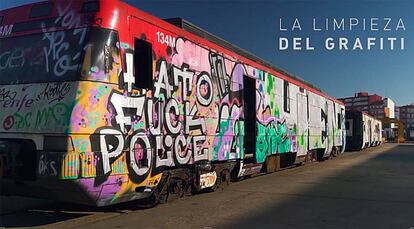 Fotograma del anuncio del coste de la limpieza de trenes por los graffitis. La puerta del tren que falta es la que se exhibió en arco
