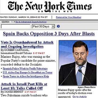 El diario <i>The New York Times</i>, en su edición de Internet, informa que los votantes españoles han respaldado a la oposición tres días después de los atentados en Madrid. La votación, señala el periódico estadounidense, también se ha visto afectada por las investigaciones en curso.