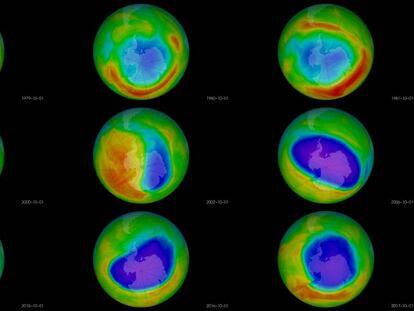 Evoluci&oacute;n del agujero en la capa de ozono sobre la Ant&aacute;rtida en octubre entre 1979 y 2017.