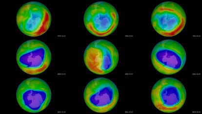 Evoluci&oacute;n del agujero en la capa de ozono sobre la Ant&aacute;rtida en octubre entre 1979 y 2017.