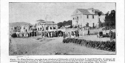 Imagen del archivo municipal de Nigrán en la que se ve Praia América en 1932-1933, con el Pabellón Bleu, el lugar donde han aparecido los restos óseos, a la derecha.
